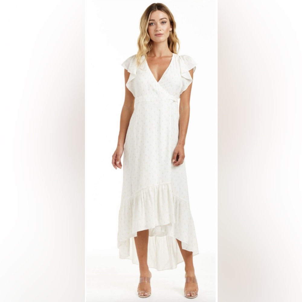 Drew White With Gold Detail Ruffle Full Wrap High Low Maxi Dress Size M Nwt